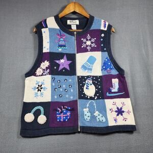 Vintage All Points Womens Knit Vest Large Full Zip Blue Purple Winter Holiday
